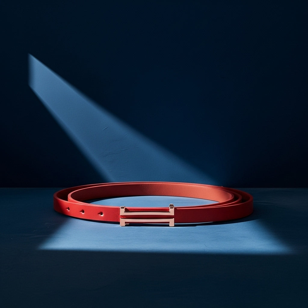 Ceinture fine rouge pour femme en cuir, avec une boucle dorée rectangulaire. La ceinture est présentée enroulée sur un fond bleu avec un éclairage dramatique. #fullwidth