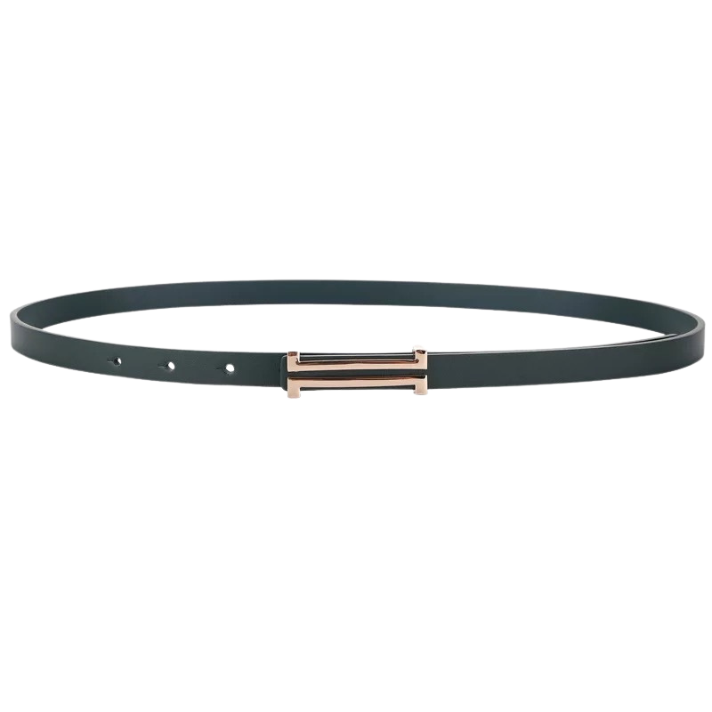 Ceinture fine pour femme Pensée en cuir vert foncé avec boucle rectangulaire dorée, finition lisse.