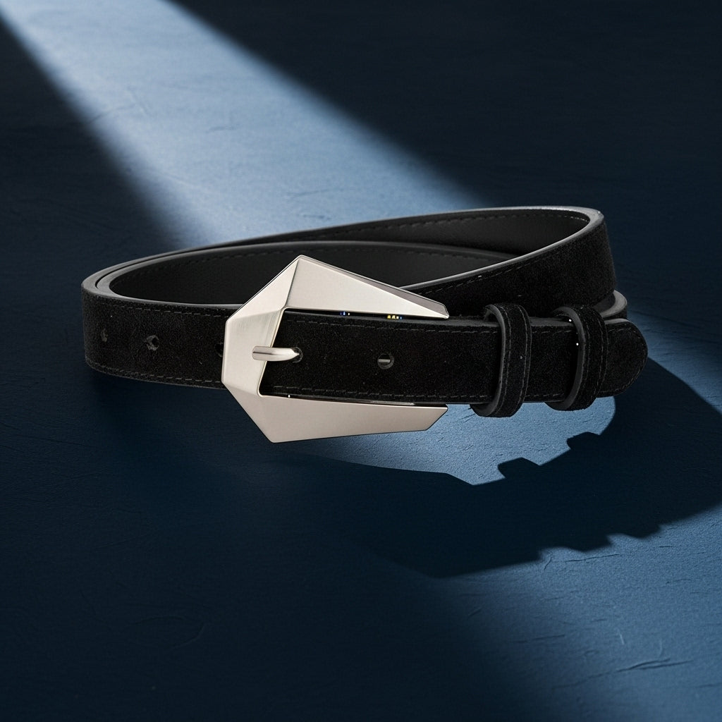 Ceinture Perrine noire en daim refendu avec une boucle ardillon argentée géométrique asymétrique et une lanière en cuir lisse. #fullwidth
