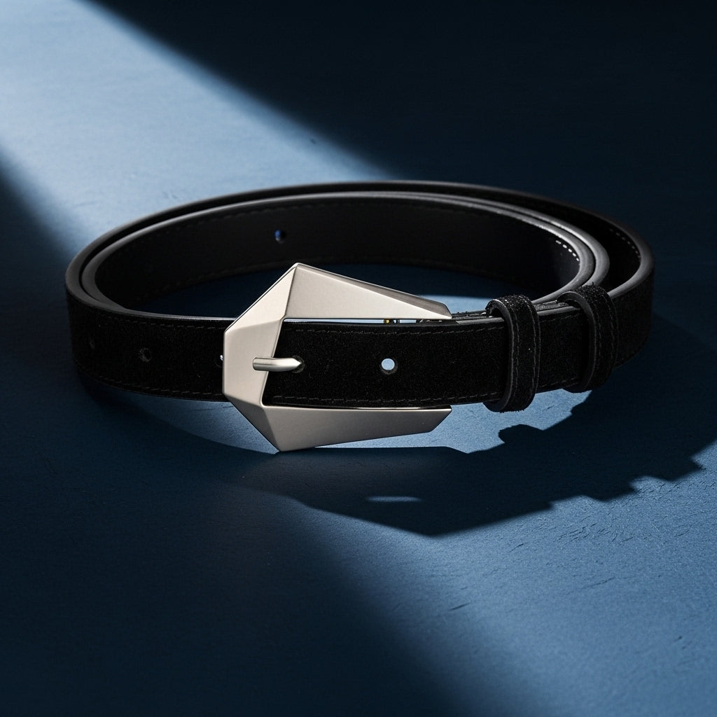 Ceinture Perrine noire en daim refendu avec boucle ardillon argentée géométrique et asymétrique #fullwidth