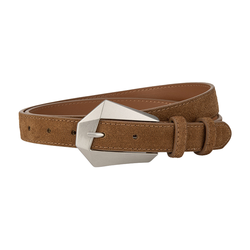 Ceinture Perrine marron en daim refendu avec boucle ardillon argentée géométrique et asymétrique.