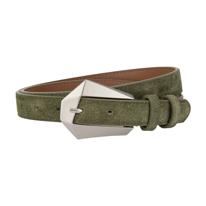 Ceinture Perrine en daim refendu vert avec boucle ardillon argentée asymétrique géométrique.