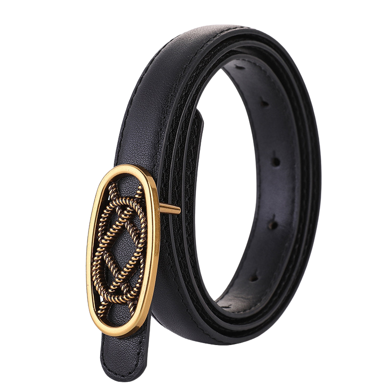 Ceinture fine noire en cuir nubuck pour femme, modèle Philomène, avec une boucle ovale dorée vieilli au design tressé.