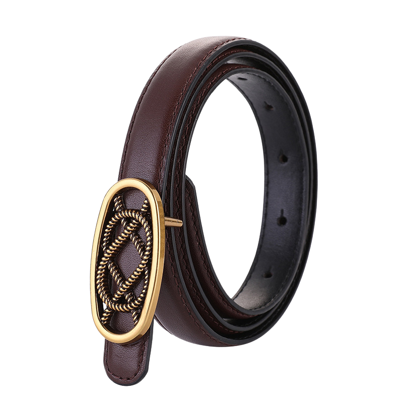 Ceinture fine en cuir nubuck marron pour femme, modèle Philomène, avec boucle ovale dorée vieilli à motif tressé.