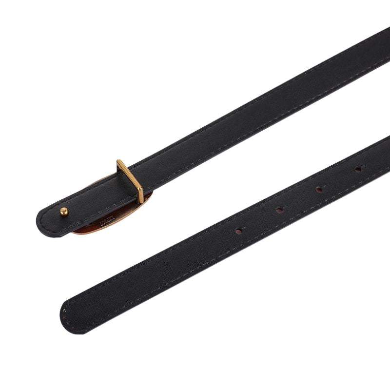 Ceinture fine noire pour femme en cuir nubuck Philomène avec boucle ovale dorée vieilli et détails tressés.