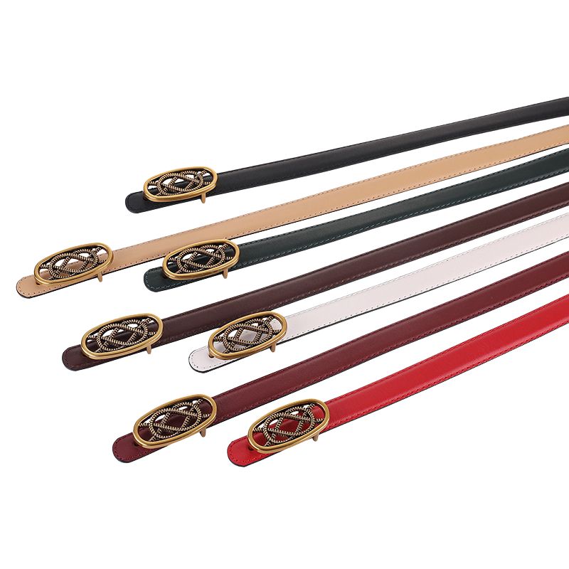Collection de ceintures fines pour femme Philomène en cuir nubuck, disponibles en noir, beige, vert forêt, bordeaux, blanc et rouge, avec une boucle ovale dorée vieilli décorative.