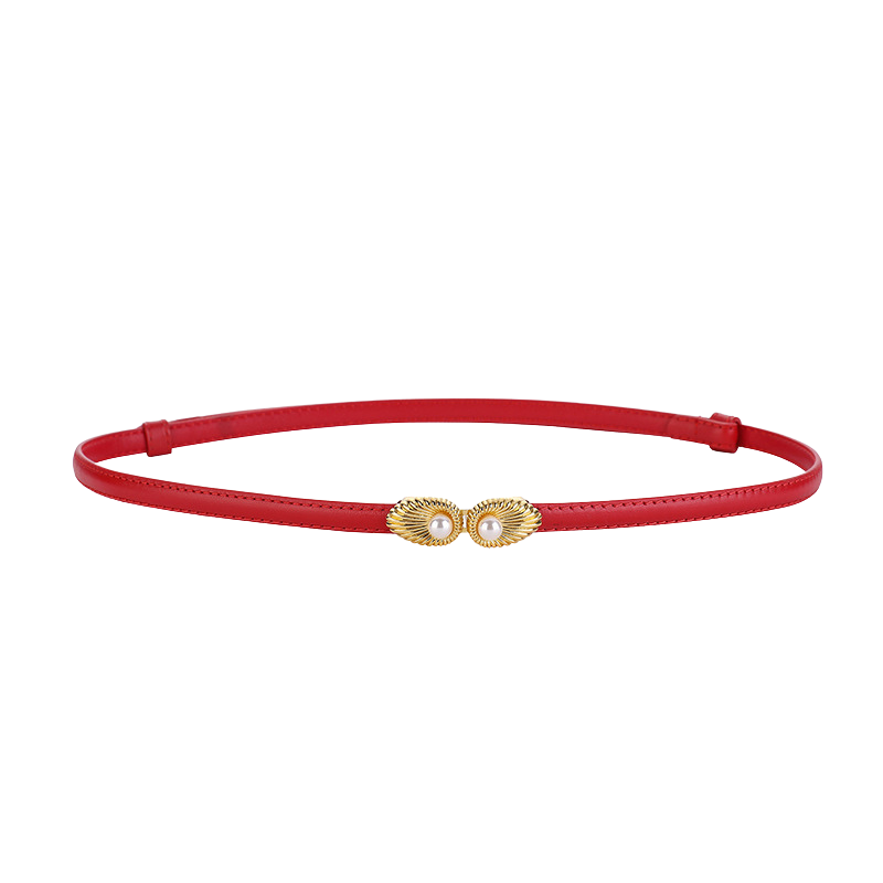 Ceinture fine rouge Pivoine pour femme, en cuir lisse avec une boucle dorée ornée de deux perles blanches