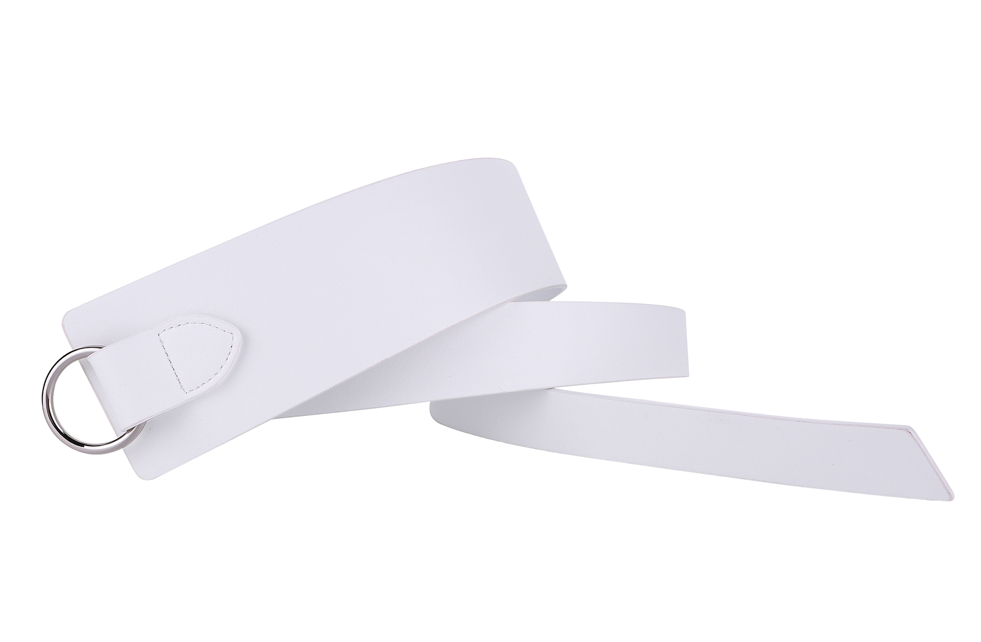 Ceinture femme Plume blanche en cuir refendu, largeur 4 cm, avec anneaux argentés, se noue sans boucle.