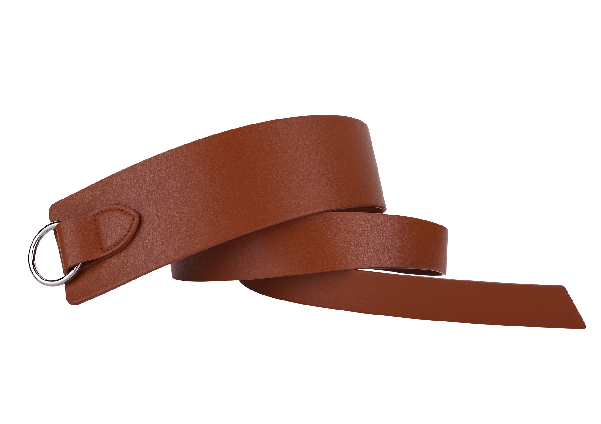 Ceinture Plume marron pour femme, en cuir refendu, avec anneaux argentés et fermeture à nouer. Largeur 4 cm.