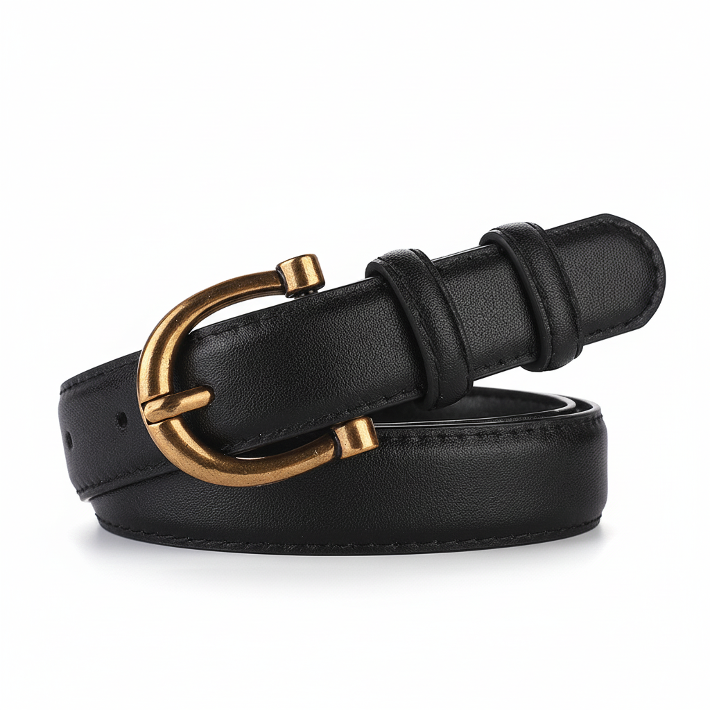 Ceinture Prisca en cuir noir avec boucle ardillon dorée arrondie, largeur 2,3 cm