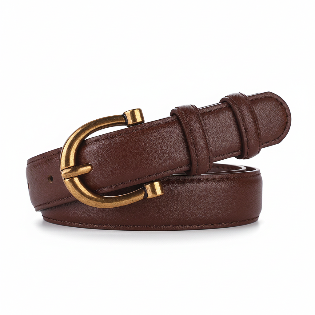 Ceinture femme Prisca en cuir marron avec boucle dorée arrondie de forme D.