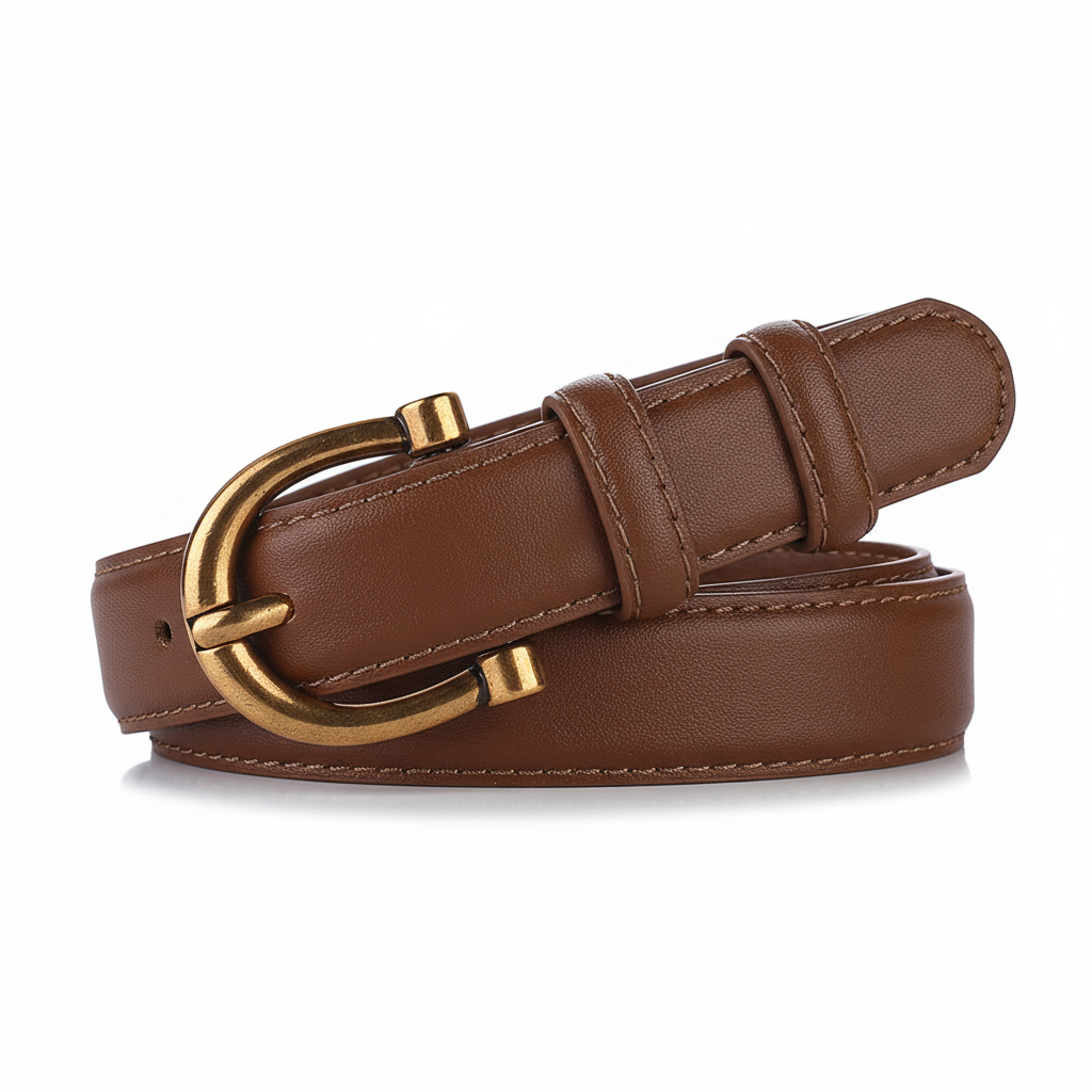Ceinture Prisca marron en cuir refendu avec boucle ardillon dorée arrondie. Lanière fine de 2,3 cm de largeur, finition lisse.