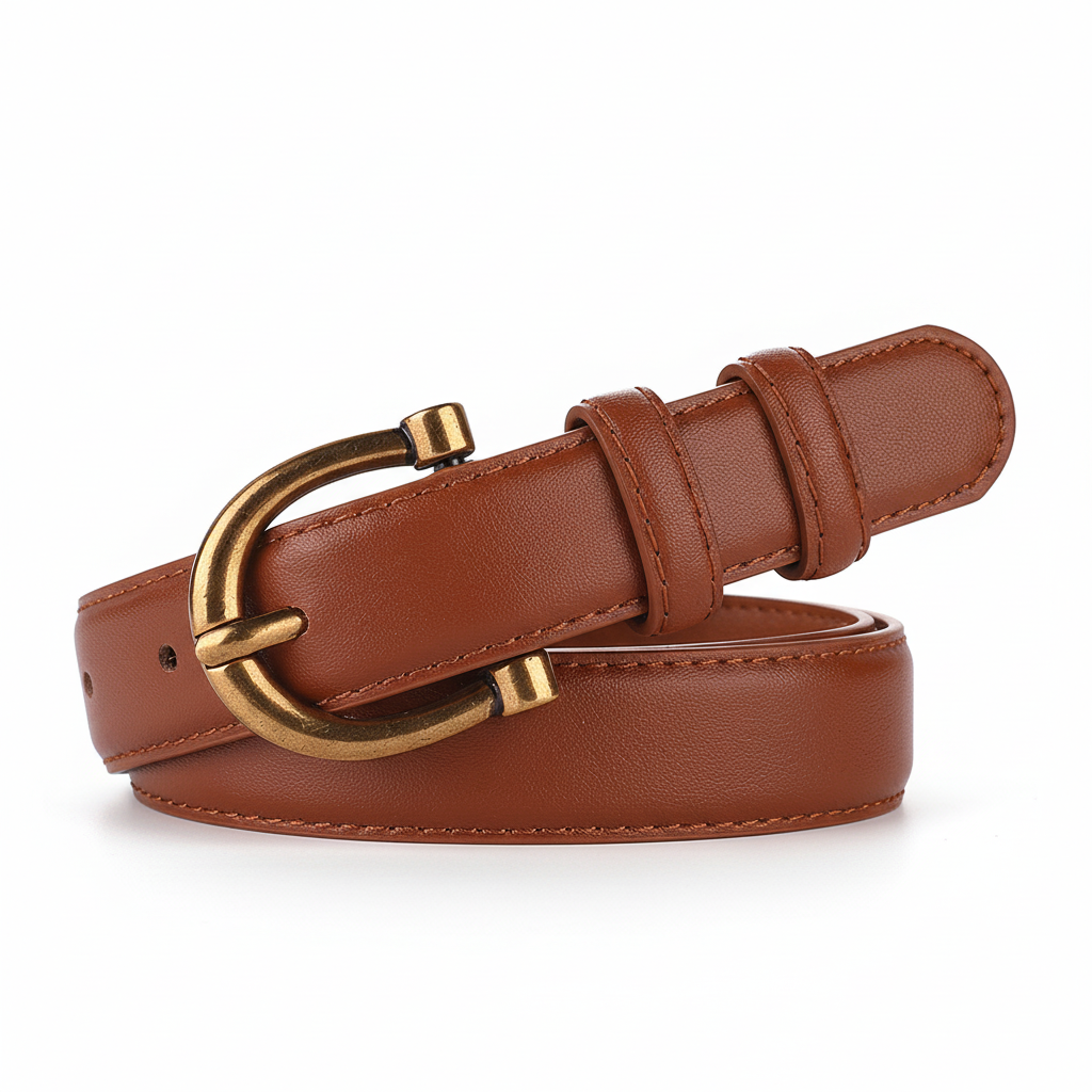Ceinture Prisca marron clair en cuir avec boucle ardillon arrondie en alliage métallique finition bronze patiné. Largeur 2,3 cm.