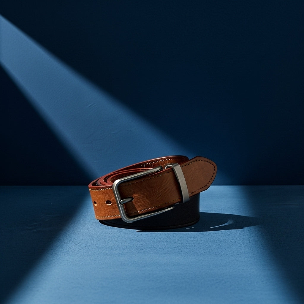 Ceinture Prouste en cuir marron clair pour homme, avec une boucle ardillon argentée et un tannage végétal. #fullwidth