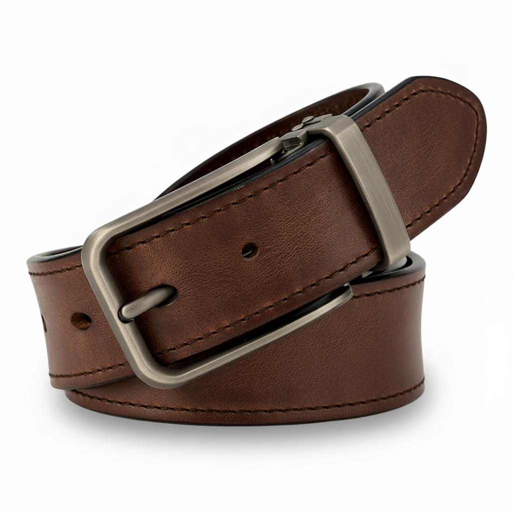 Ceinture Prouste en cuir marron foncé pour homme avec boucle ardillon rectangulaire argentée et surpiqûres ton sur ton.