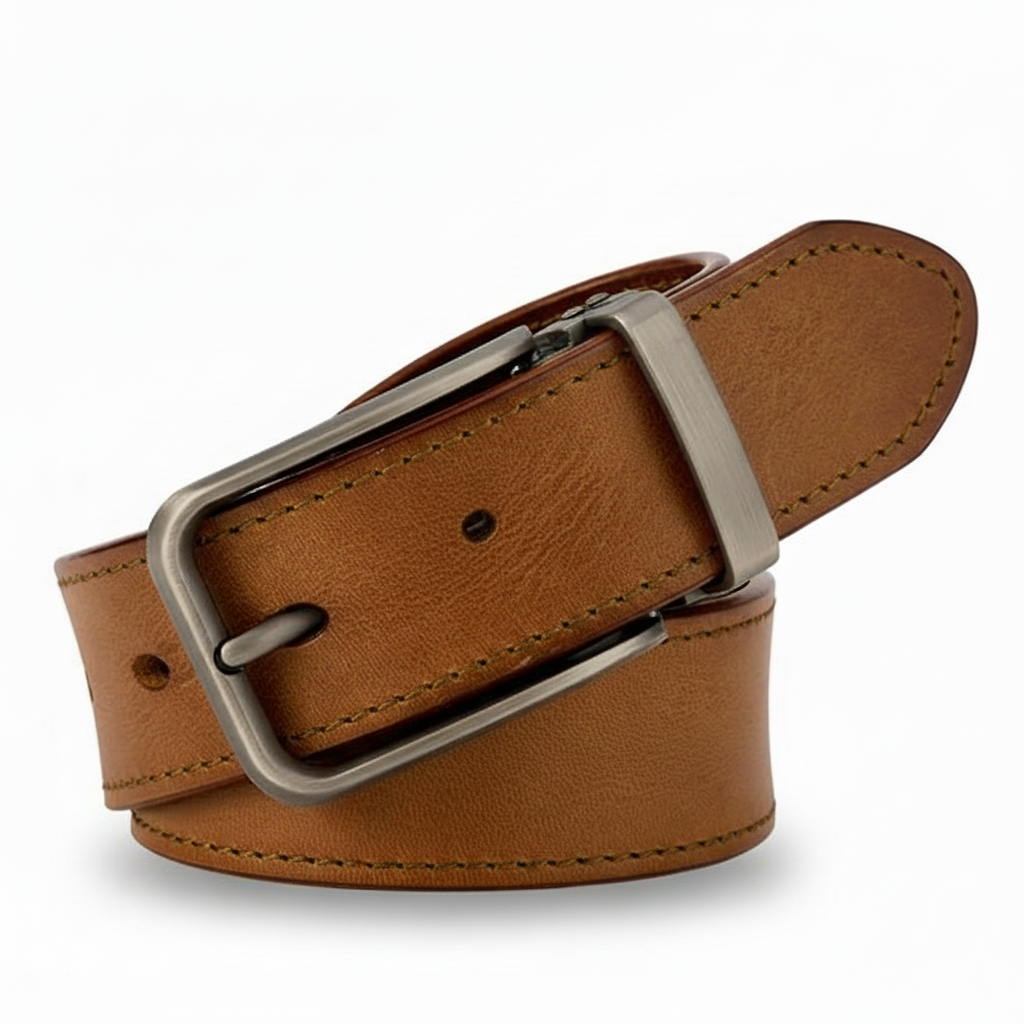 Ceinture Prouste pour homme en cuir marron clair, avec une boucle ardillon rectangulaire en alliage argenté. Cuir pleine fleur tanné végétal.