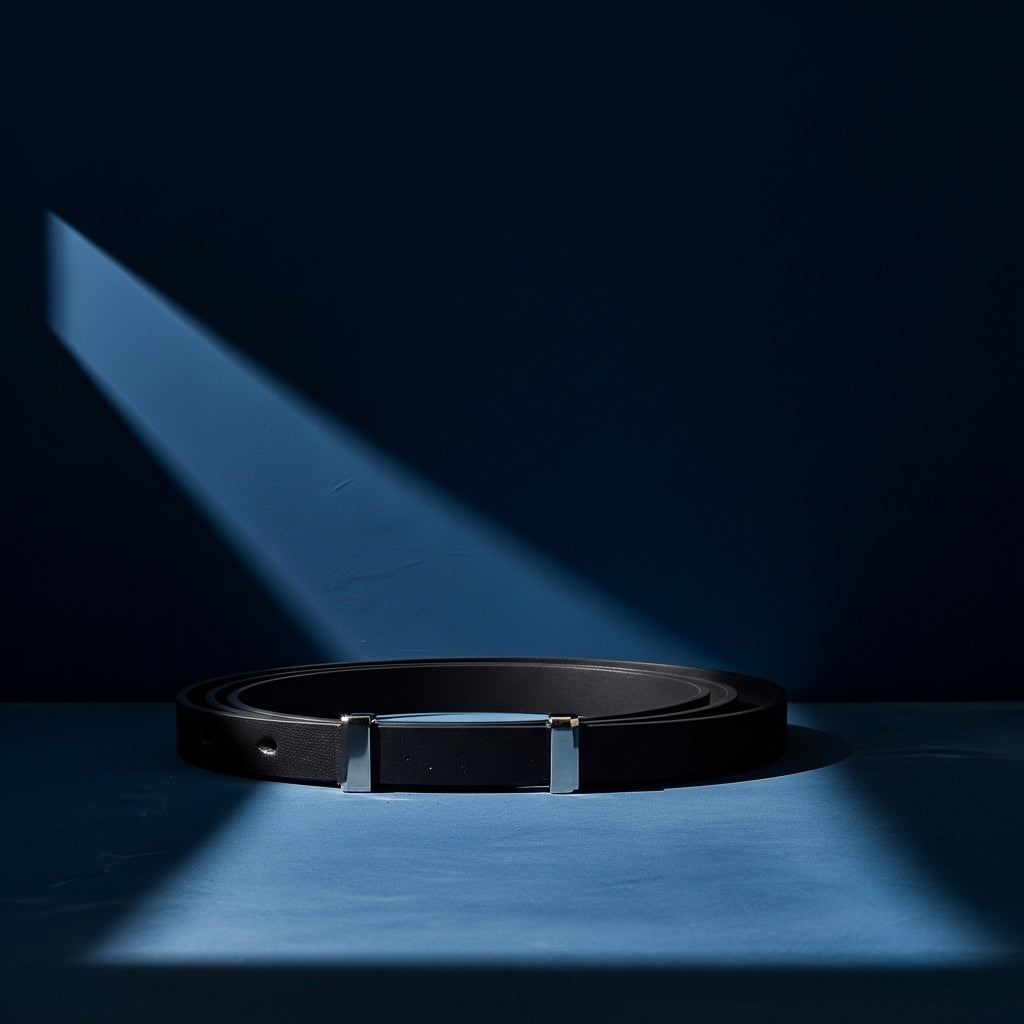 Ceinture femme noire Quintessence en cuir pleine fleur avec boucle rectangulaire argentée et fine. #fullwidth