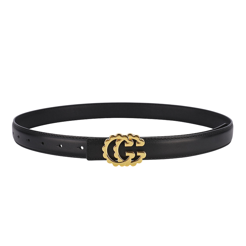 Ceinture noire Quitilla pour femme en cuir pleine fleur avec boucle crochet clou dorée style double G
