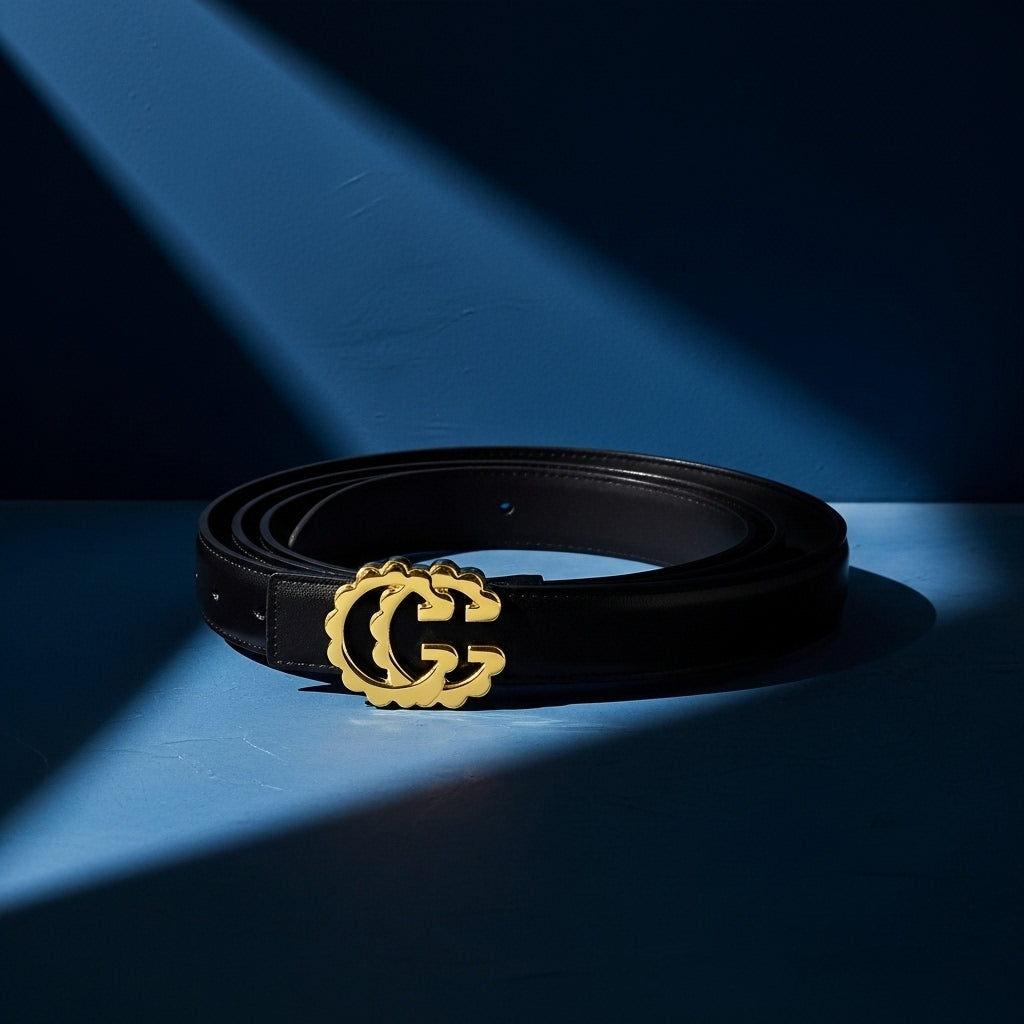 Ceinture femme Quitilla noire en cuir avec boucle dorée inspirée du double G sur fond bleu #fullwidth