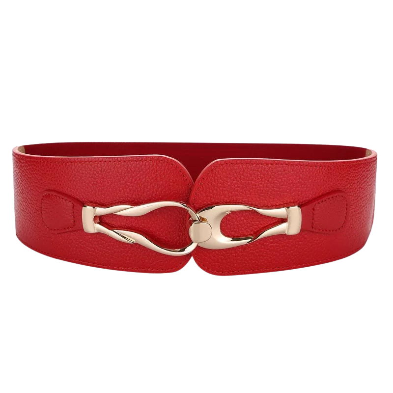 Ceinture rouge Quitine 1 pour femme, en cuir grainé avec boucle torsadée dorée, accessoire de mode élancé.