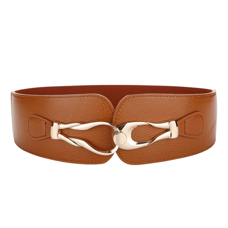 Ceinture en cuir grainé camel pour femme, modèle Quitine 1, avec boucle torsadée dorée et partie élastique.