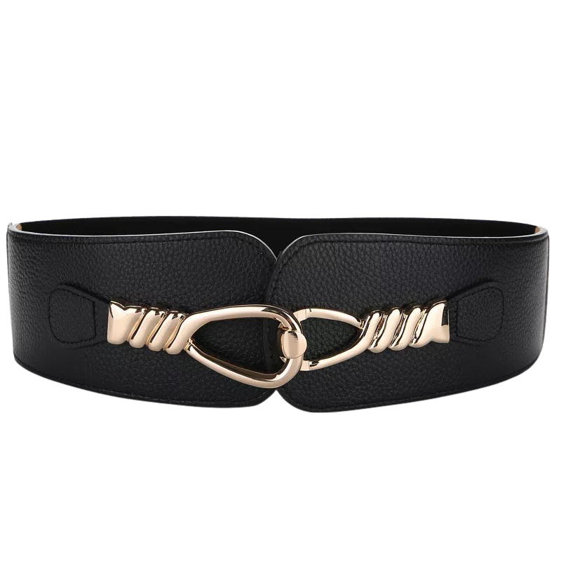 Ceinture noire Quitine 2 en cuir grainé avec boucle dorée torsadée et partie élastique pour affiner la taille.