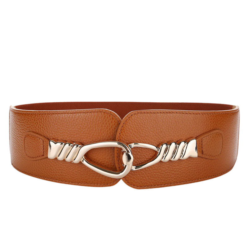 Ceinture femme Quitine 2 en cuir marron grainé, style corset avec boucle métallique argentée torsadée et partie élastique pour marquer la taille.