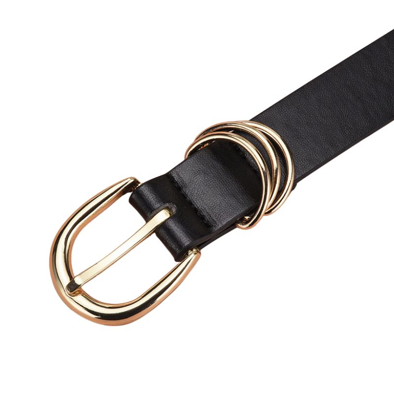 Ceinture fine noire Radieuse en simili cuir lisse avec boucle ardillon dorée arrondie et trois anneaux dorés décoratifs.