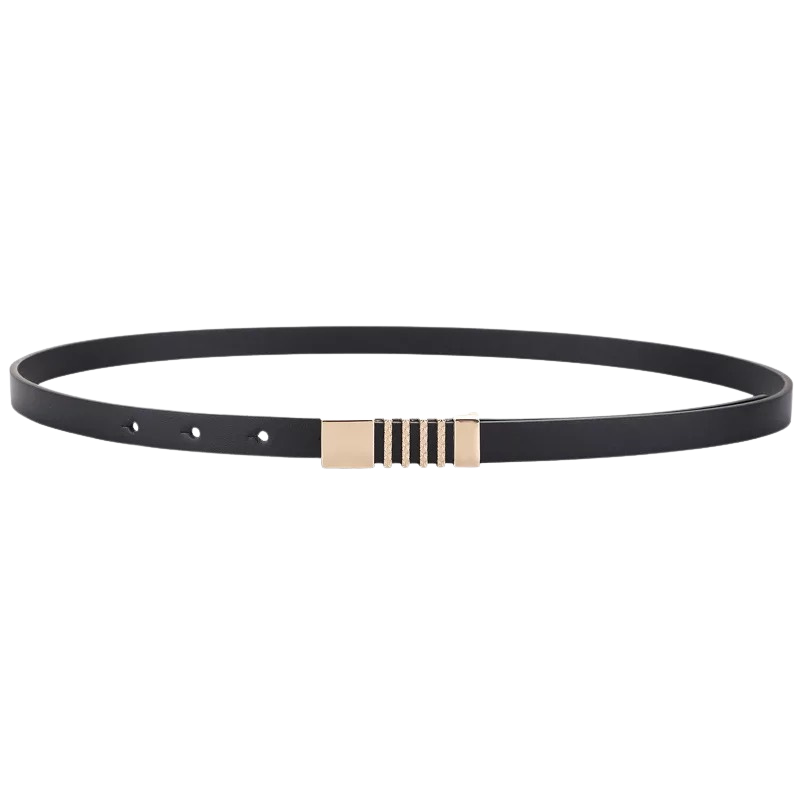 Ceinture fine Rafaëlle en cuir noir avec boucle géométrique dorée et détails texturés