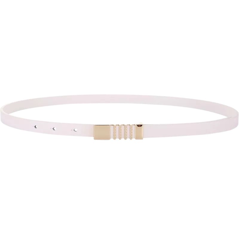 Ceinture Rafaëlle blanche en cuir lisse avec boucle rectangulaire dorée ornée d'anneaux décoratifs.