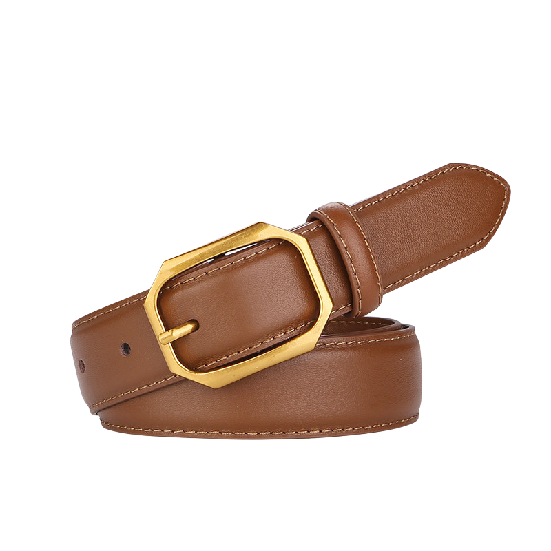 Ceinture femme Raffinement en cuir marron clair avec boucle dorée hexagonale et coutures ton sur ton.