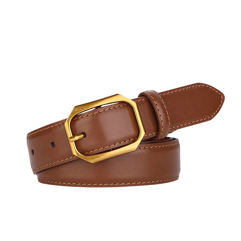 Ceinture femme Raffinement en cuir marron avec boucle dorée hexagonale.