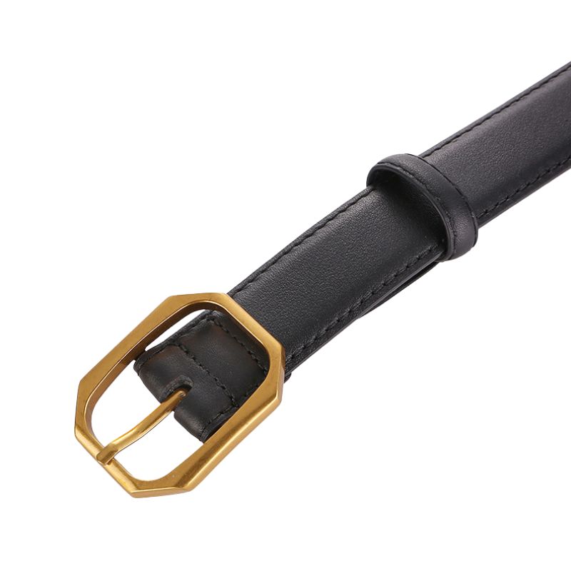 Ceinture femme Raffinement en cuir noir avec boucle dorée hexagonale et ardillon