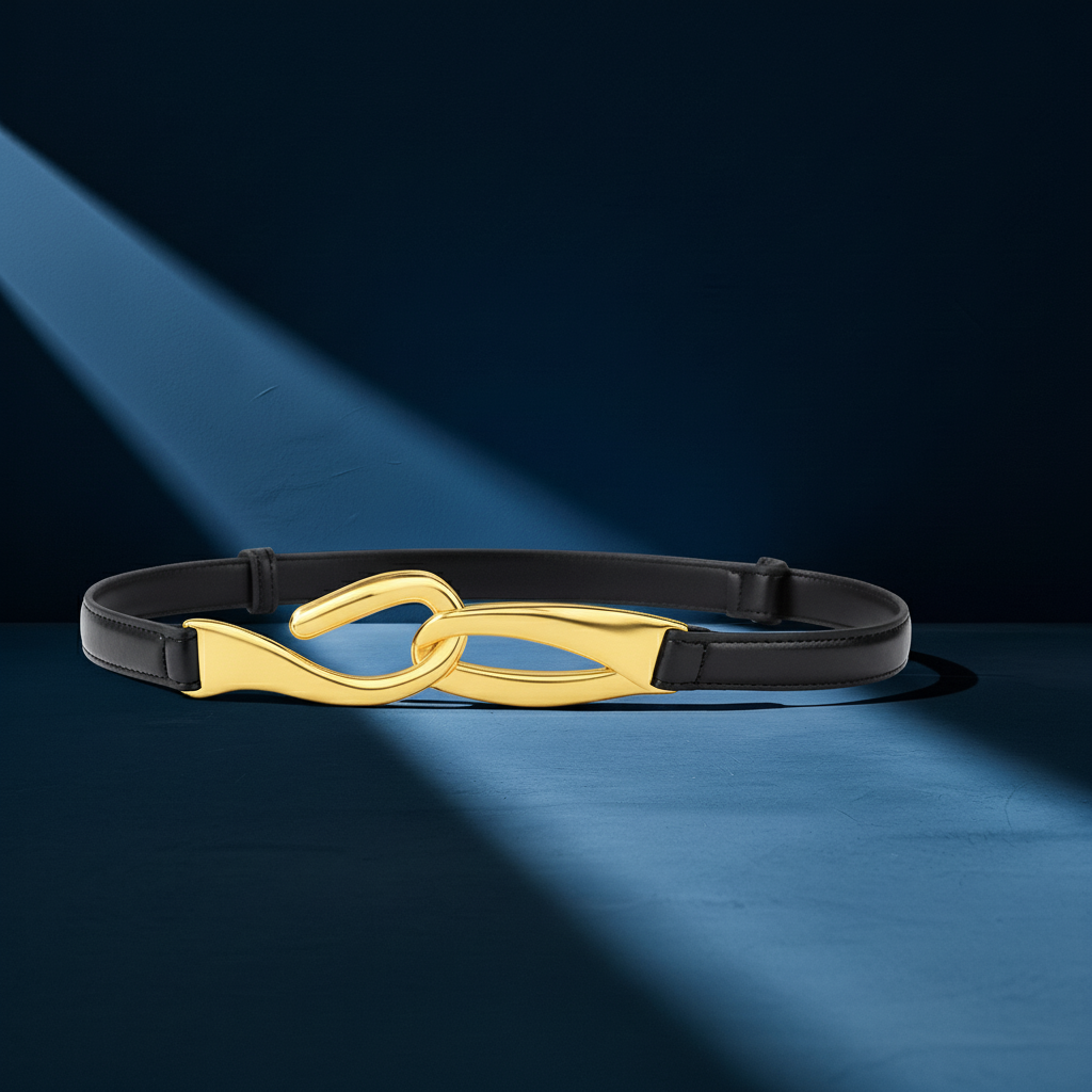 Ceinture fine noire Ravissante pour femme avec boucle décorative dorée de style coréen, sans perforation, ajustable. #fullwidth
