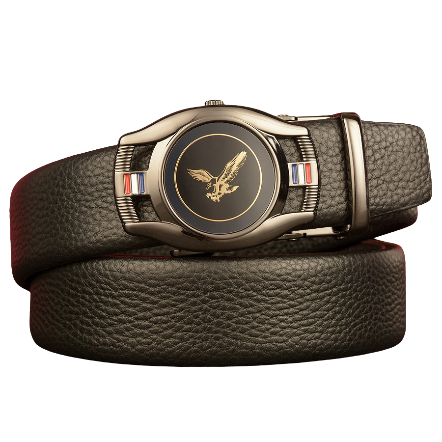 Ceinture homme Reims 1 en cuir noir grainé avec boucle ovale argentée ornée d'un aigle doré et de bandes tricolores.