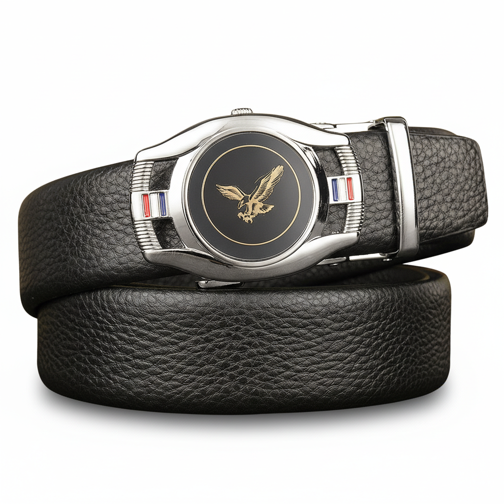 Ceinture Reims 1 pour homme en cuir noir grainé avec boucle argentée ornée d'un aigle doré et de détails tricolores.