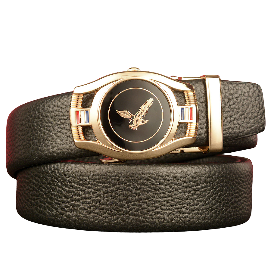 Ceinture homme Reims 1 en cuir noir grainé avec boucle automatique ovale dorée ornée d'un aigle et de détails tricolores, largeur 3,5 cm. #fullwidth