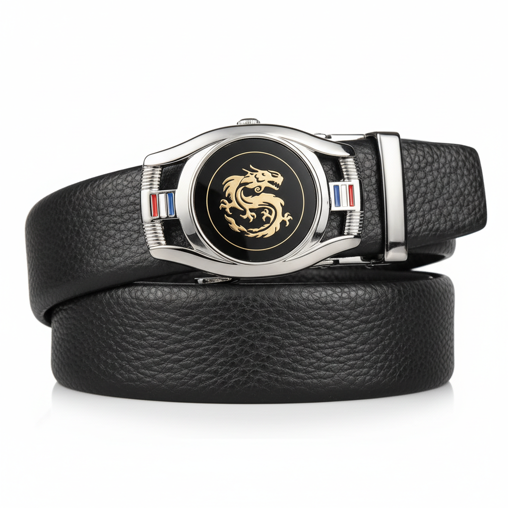 Ceinture pour homme Reims 2 en cuir noir grainé avec boucle argentée ovale ornée d'un dragon doré et de détails tricolores.