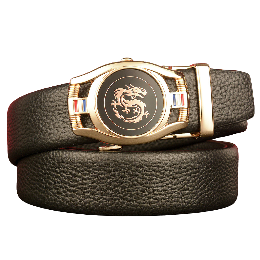 Ceinture homme Reims 2 en cuir noir grainé avec boucle ovale automatique dorée ornée d'un motif dragon #fullwidth