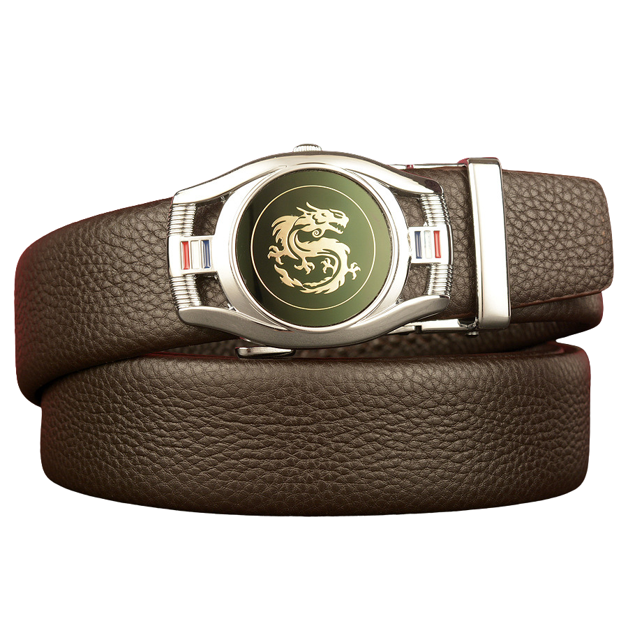Ceinture pour homme Reims 2 en cuir marron grainé avec boucle argentée ovale ornée d'un dragon doré et de détails tricolores. #fullwidth