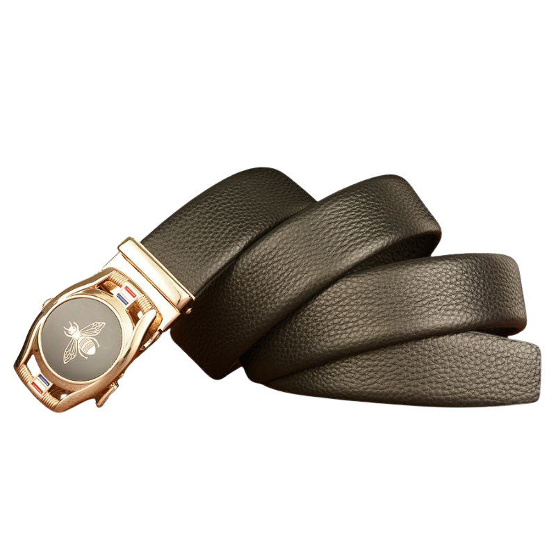 Ceinture homme Reims 3 en cuir noir grainé avec boucle automatique dorée ornée d'une abeille et de bandes tricolores #fullwidth