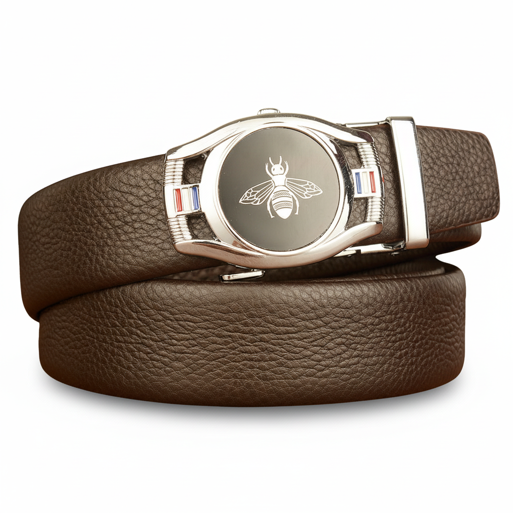 Ceinture pour homme Reims 3 en cuir marron grainé avec boucle argentée ovale ornée d'une abeille et de détails tricolores.