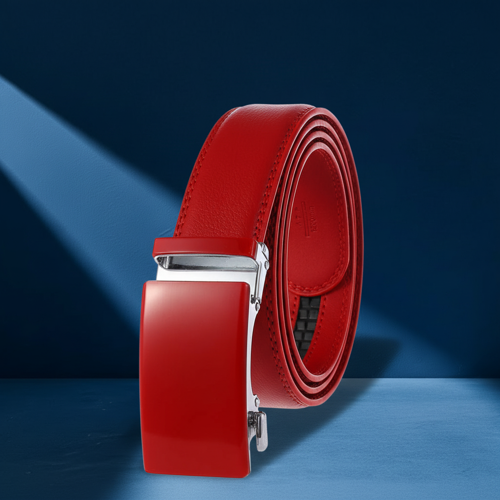 Ceinture homme Renoir rouge en cuir avec boucle automatique rectangulaire en alliage métallique. #fullwidth