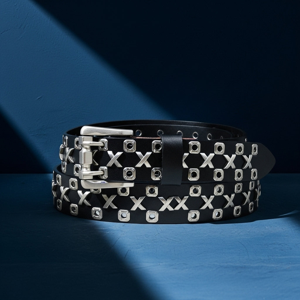 Ceinture Renoir pour homme en cuir noir avec clous argentés en forme de croix et œillets, boucle double ardillon argentée. #fullwidth