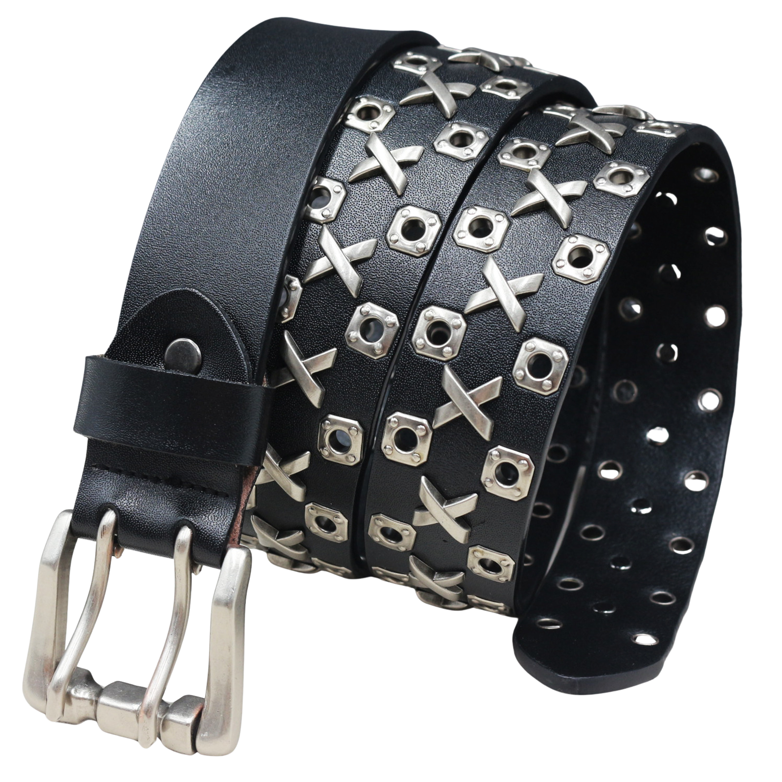 Ceinture Renoir pour homme en cuir noir ornée de clous en forme de croix et d'œillets métalliques, avec boucle double ardillon argentée.