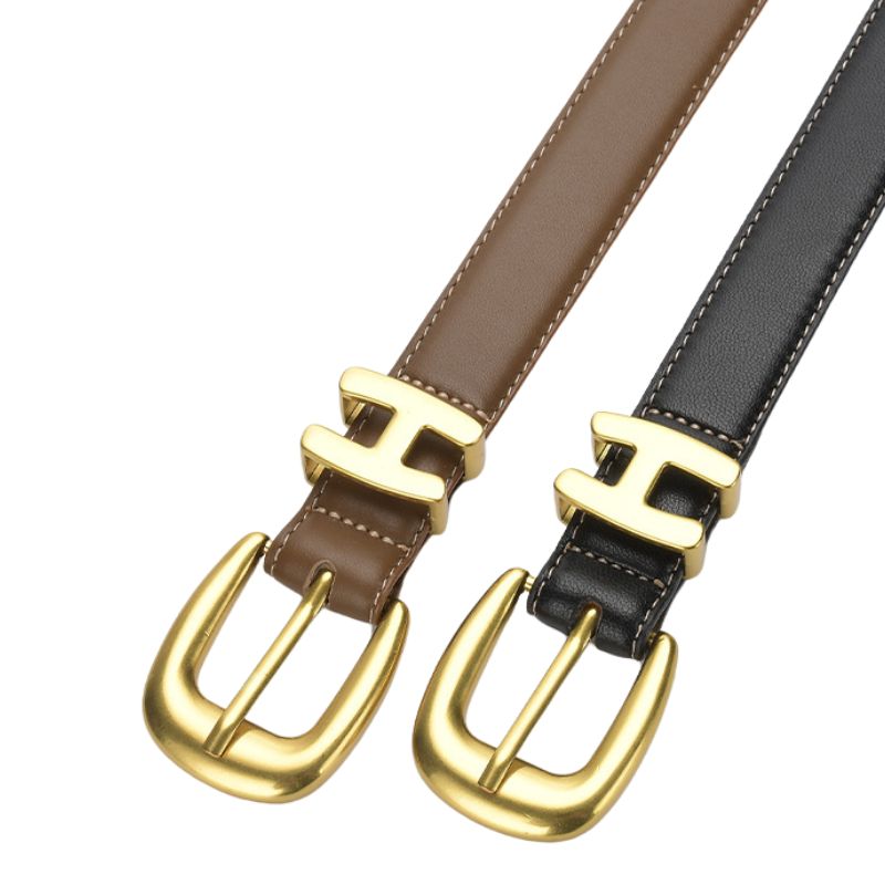 Ceinture femme Rêveuse en cuir marron et noir avec boucle dorée en forme de H.