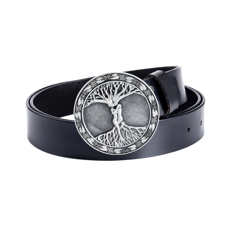 Ceinture pour homme Rimbaud 1 en cuir noir avec une boucle ronde argentée ornée d'un arbre de vie sculpté.