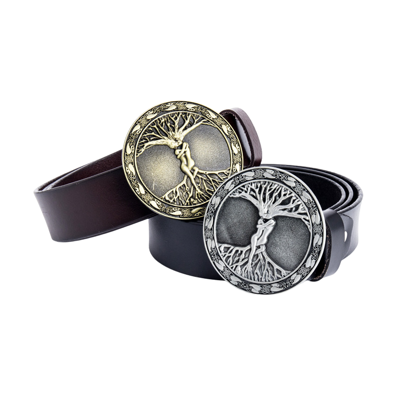 Ceinture homme Rimbaud 1 avec boucle ronde arbre de vie argenté et boucle dorée, cuir lisse.