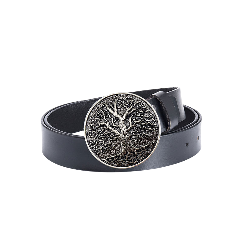 Ceinture homme Rimbaud 2 noire avec boucle ronde argentée ornée d'un arbre de vie sculpté