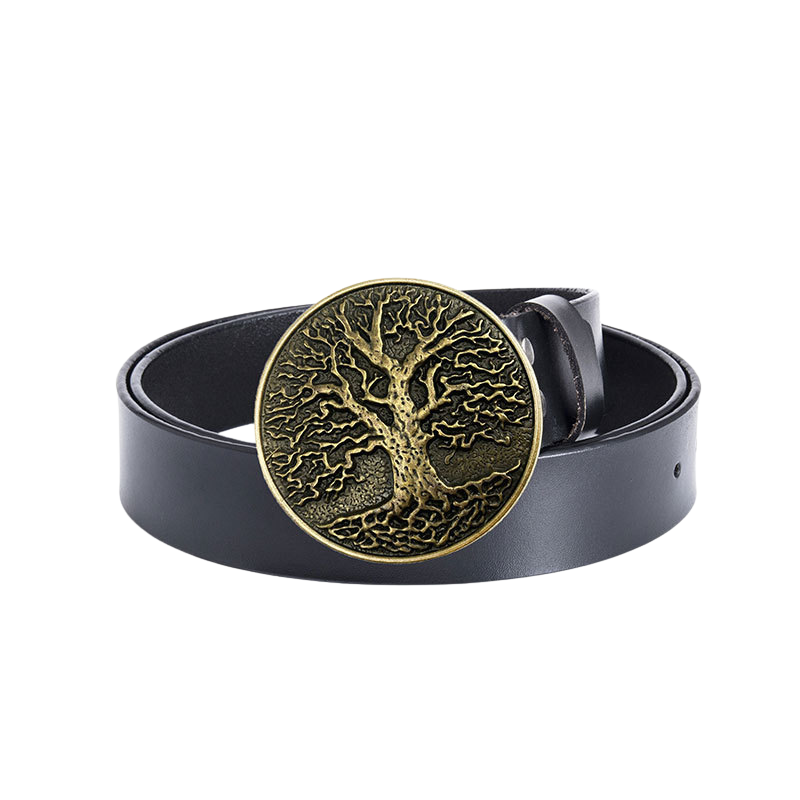 Ceinture pour homme Rimbaud 2 en cuir noir avec boucle ronde dorée ornée d'un arbre de vie sculpté